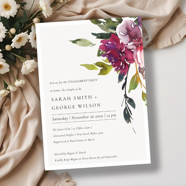 Yellow Blush Burgundy Floral Engagement Invite (Creator Uploaded)
