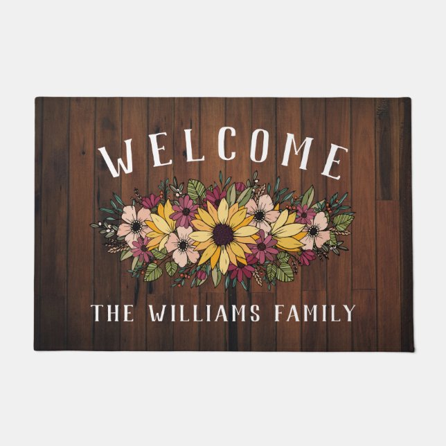 Yellow Blush Sunflower Bouquet Wood Grain Welcome Doormat (Front)