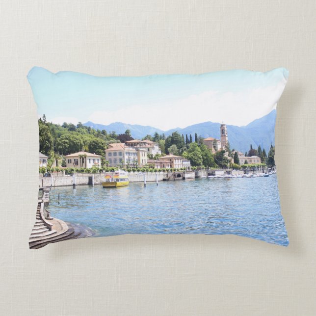 YELLOW BOAT DOCKED NEAR BUILDING ACCENT PILLOW (Front)