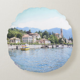 YELLOW BOAT DOCKED NEAR BUILDING ROUND PILLOW