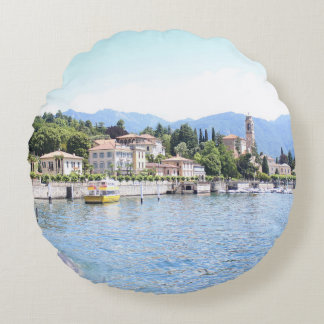 YELLOW BOAT DOCKED NEAR BUILDING ROUND PILLOW