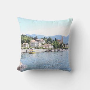 YELLOW BOAT DOCKED NEAR BUILDING THROW PILLOW