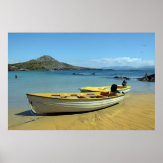 yellow boats on golden irish beach poster