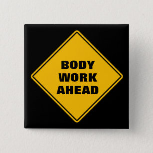 Yellow body work ahead caution classic road sign  2 inch square button