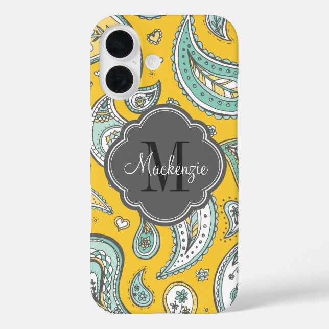 Yellow Bohemian Paisley Custom Monogram Case-Mate iPhone Case (Back)