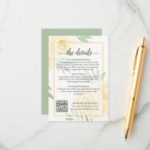 Yellow Boho Chic Roses Wedding Details QR Code Enclosure Card