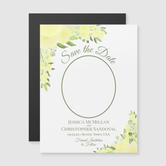 Yellow Boho Floral Save the Date Oval Photo Magnet (Front/Back)