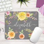 Yellow boho floral watercolor grey monogram script mouse pad<br><div class="desc">Yellow, pink, red and orange watercolor flowers and white script typography overlay a soft grey background on this beautiful, rustic, romantic, vintage floral custom name mousepad. Add your name to personalize. Makes a chic and stylish statement every time you use it. A great gift for a friend, as well as...</div>