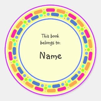 Yellow bookplate with colourful border classic round sticker