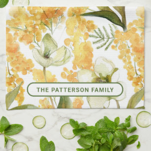 Yellow Botanical Floral Custom Name Gift Kitchen Towel