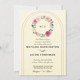 Yellow Botanical Monogram Floral Wreath Invitation