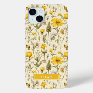 Yellow Botanical Watercolor Floral Name iPhone 15 Mini Case