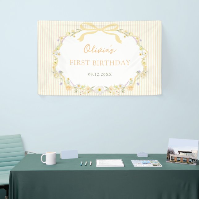 Yellow Bow Floral Stripes Birthday Banner (Tradeshow)