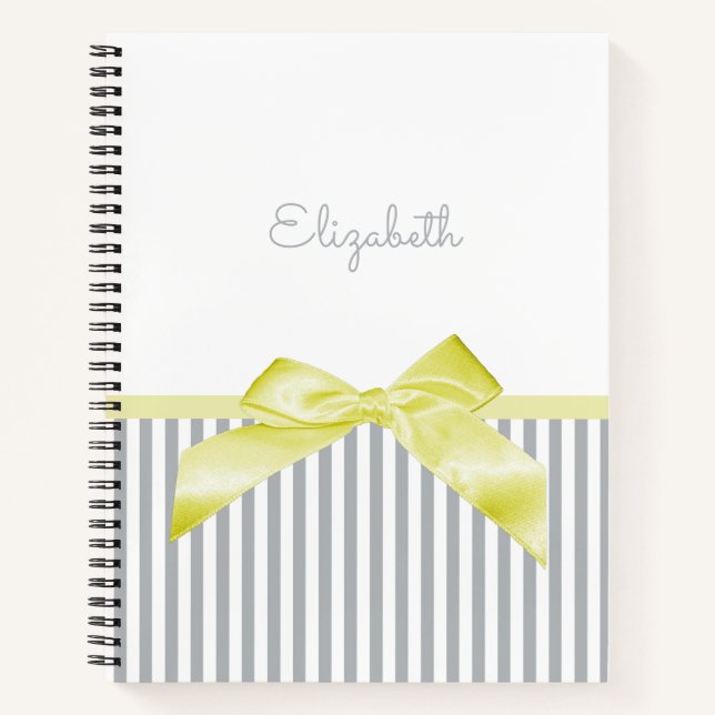 Yellow Bow Grey Stripe Name Notebook (Front)