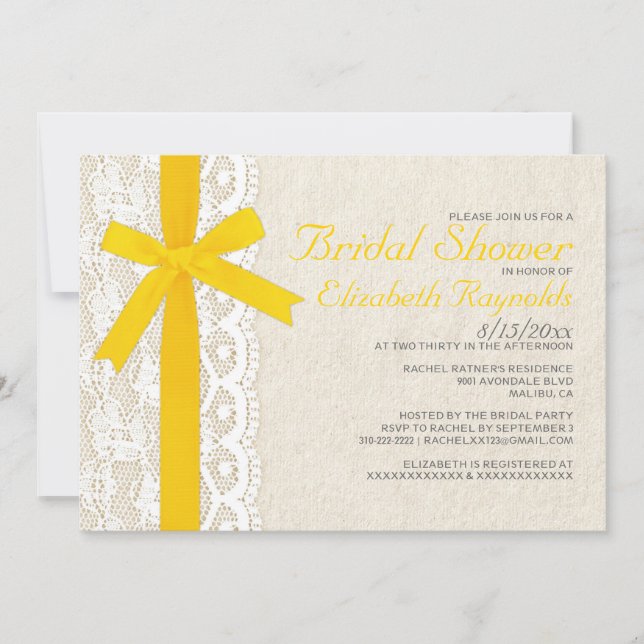 Yellow Bow & Lace Bridal Shower Invitations (Front)