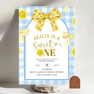 Yellow Bow Sweet One Lemon Blue and Yellow Birthda Invitation