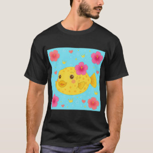 Yellow Boxfish and Hibiscus - Blue T-Shirt
