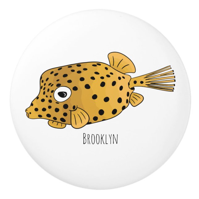 Yellow boxfish cartoon illustration ceramic knob (Front)