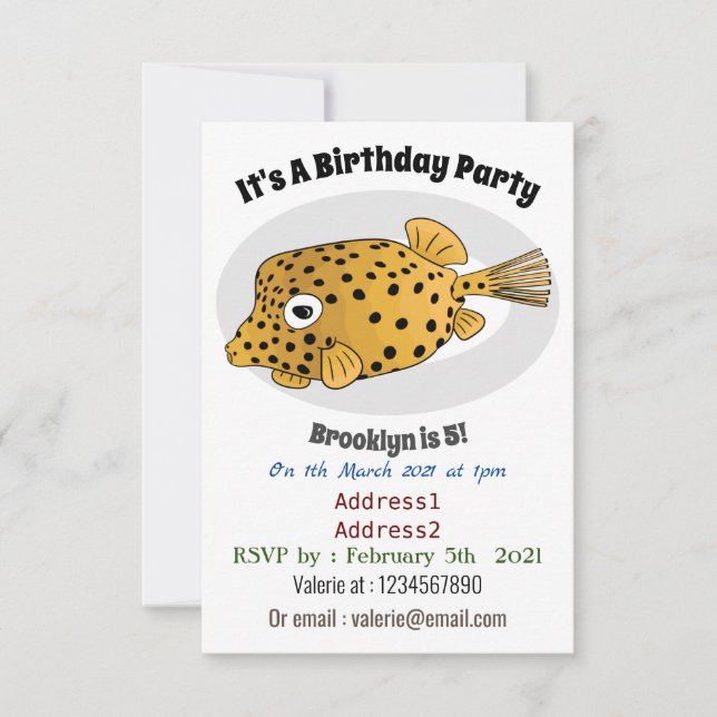 Yellow boxfish cartoon illustration invitation (Front)
