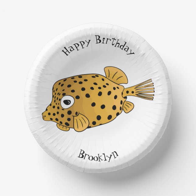 Yellow boxfish cartoon illustration paper plate (Front)