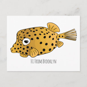 Yellow boxfish cartoon illustration postcard