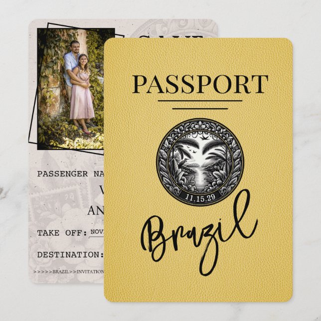 Yellow Brazil Passport Save The Date (Front/Back)