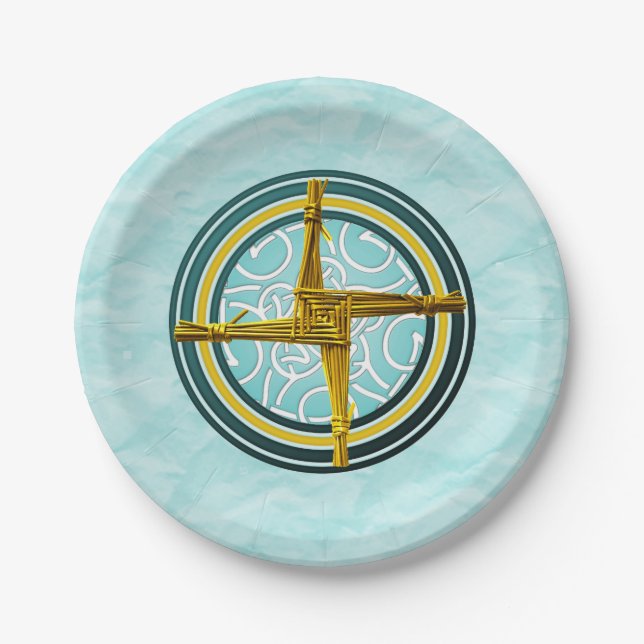 Yellow Brigid's Cross on Blue Paper Plate (Front)