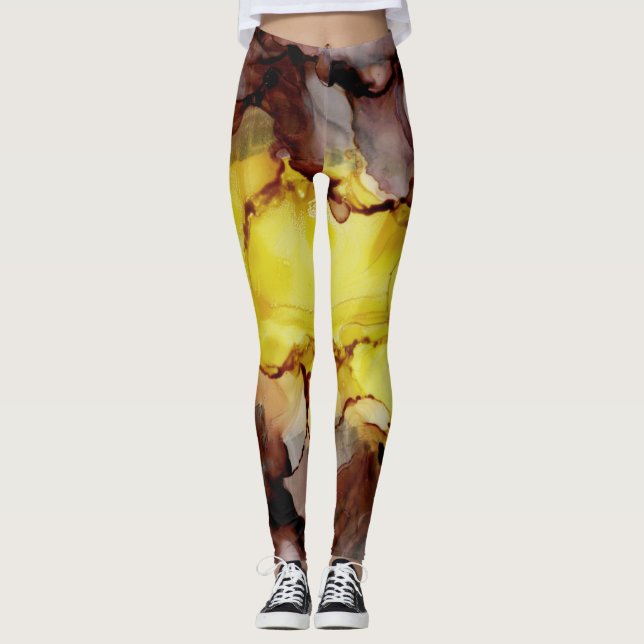 Yellow & Brown Abstract Leggings (Front)