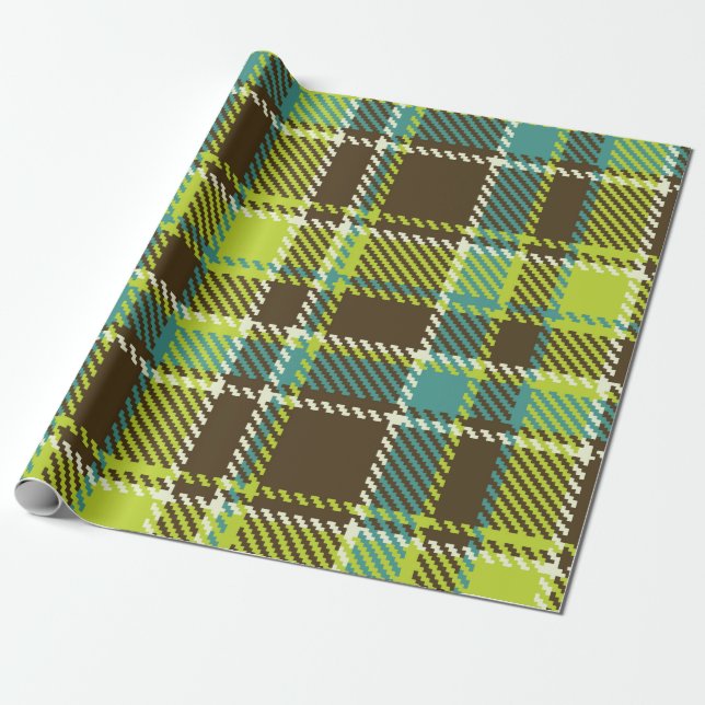 Yellow brown and blue plaid pattern wrapping paper (Unrolled)