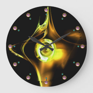 YELLOW BROWN FRACTAL ROSE IN BLACK ,PINK GEMSTONES LARGE CLOCK