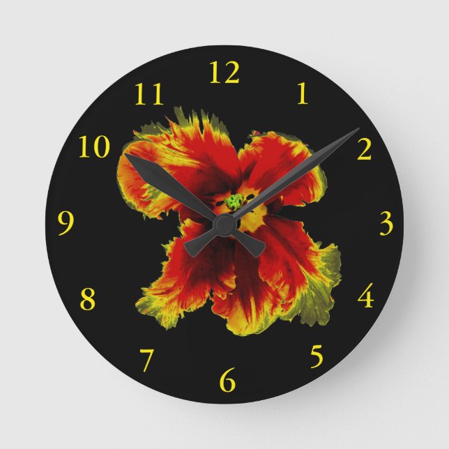 Yellow Brown on Black Flower Pattern  Round Clock (Front)