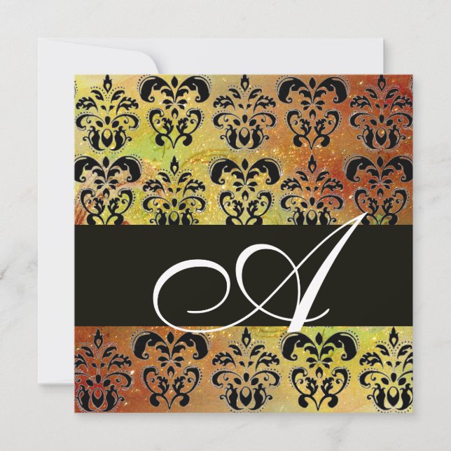 YELLOW BROWN RED  BLACK  DAMASK MONOGRAM , white Invitation (Front)