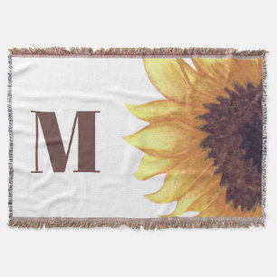 Yellow Brown Sunflower Monogram White Throw Blanket