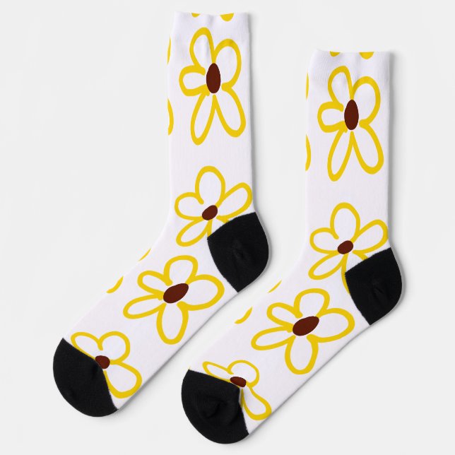 Yellow brown sunflower pattern floral modern boho  socks (Left)