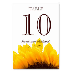 Yellow Brown Sunflower Wedding Table Number Card
