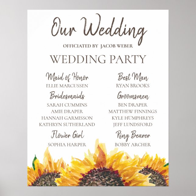 Yellow Brown Sunflower White Boho Wedding Party Poster (Front)