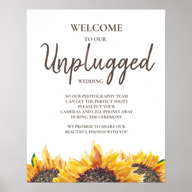 Yellow Brown Sunflower White Unplugged Wedding Poster (Front)