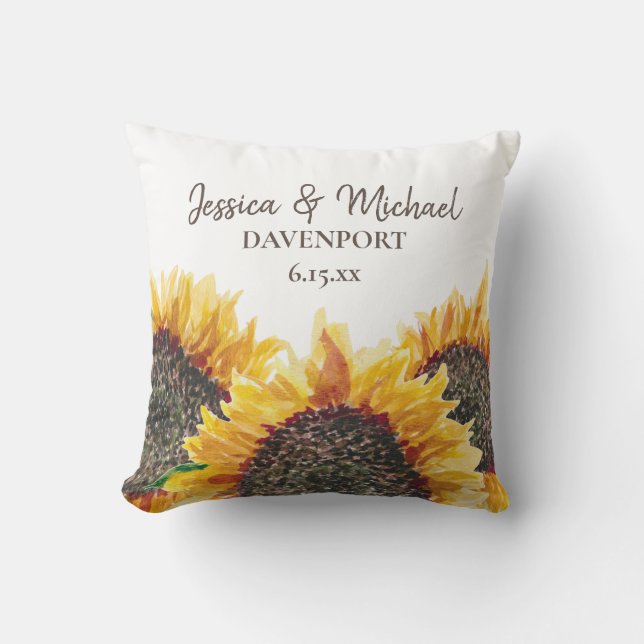 Yellow Brown Sunflowers Newlyweds Adventure Begins Throw Pillow (Front)