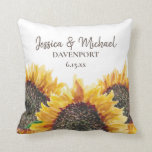 Yellow Brown Sunflowers Newlyweds Adventure Begins Throw Pillow<br><div class="desc">Yellow and brown sunflowers on white decorator throw pillow for the newlyweds.  The front of the pillow has the bride's and groom's names and wedding date.  The back has the quote "... and so the adventure begins."  Contact us for help with customization and matching products.</div>