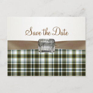 Yellow brown tartan pattern Save the Date Postcard