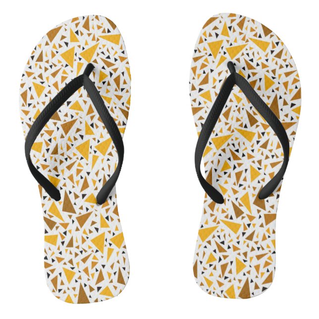 Yellow brown triangles on white retro background flip flops (Footbed)