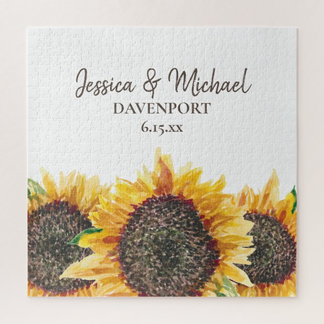 Yellow Brown Watercolor Sunflowers White Wedding Jigsaw Puzzle (Vertical)