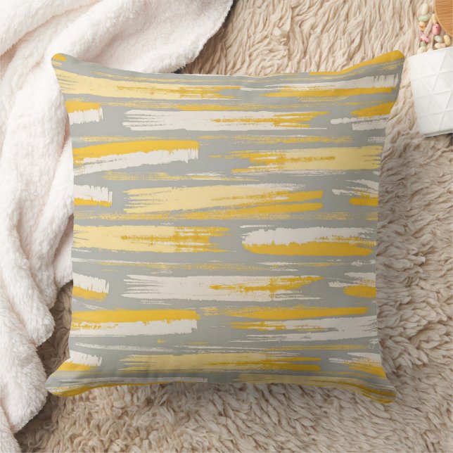 Yellow brushstrokes on Grey Abstract Pattern Throw Pillow (Blanket)