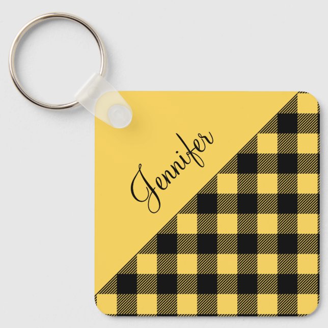 Yellow Buffalo Plaid Check Pattern Name Keychain (Front)