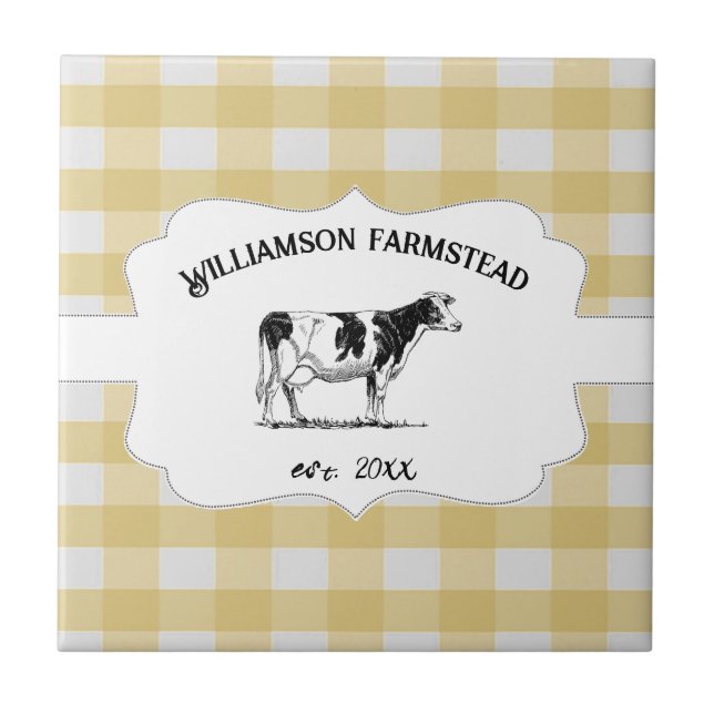 Yellow Buffalo Plaid Farm Cow Decorative Tile (Front)
