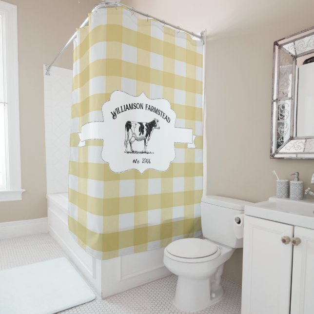 Yellow Buffalo Plaid Farm Cow Shower Curtain (In Situ)