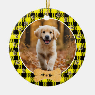 Yellow Buffalo Plaid Pattern Gold Pet Print Family Ceramic Ornament