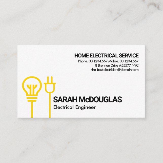 Yellow Bulb Electric Power Plug Motif Engineering Business Card (Front)