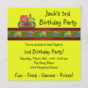 Yellow Bulldozer Boy 3rd Birthday Party Invitation
