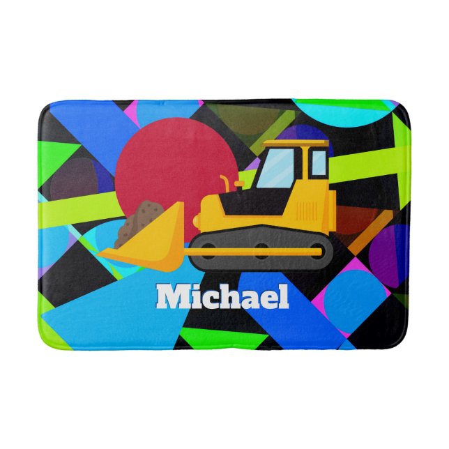Yellow Bulldozer, Colourful Geometric Shapes, Name Bath Mat (Front)